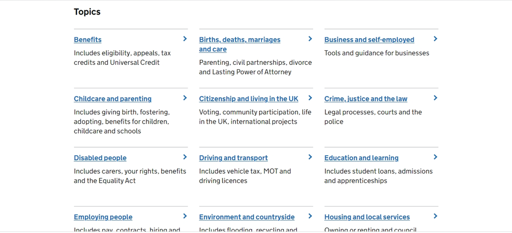 The British Government website, showing its various topics